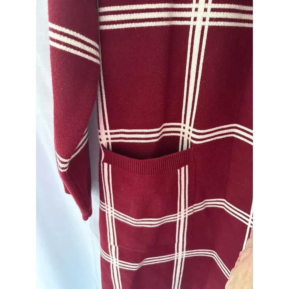 Modcloth Burgundy Cream Plaid Heavy Open Front Cardigan Sweater Large - Picture 3 of 6